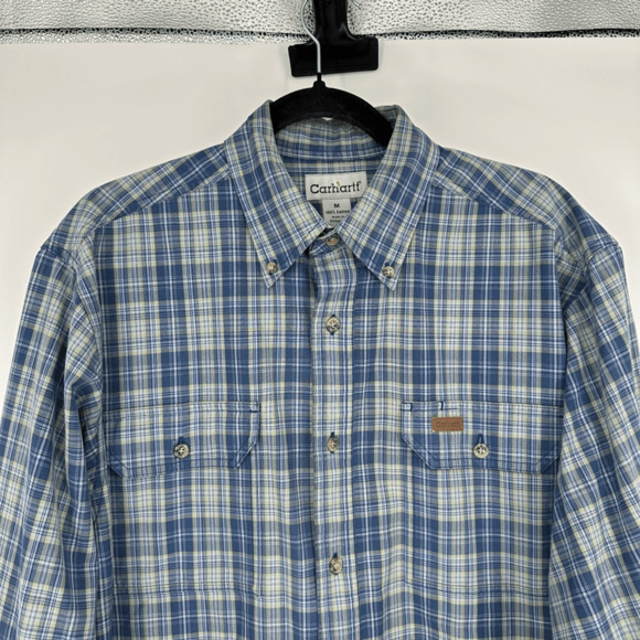 Vintage Carhartt Mens Button Down Shirt Size M Blue Plaid Utility Preppy Western - Picture 3 of 10